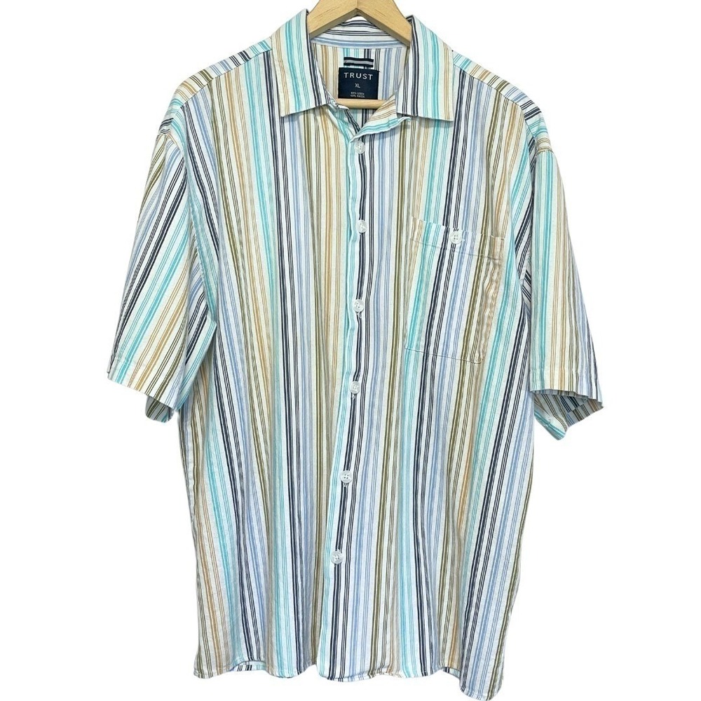Trust Linen Blend Short Sleeve Shirt Mens XL Blue Stripe Button Up Casual Preppy